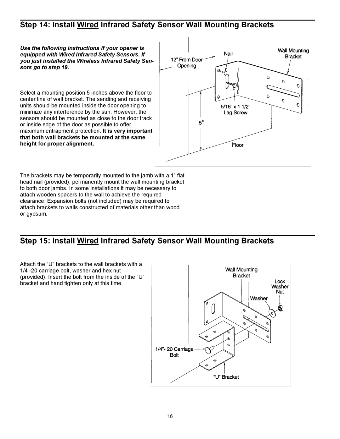 Wayne 3014, 3514, 3018DLX user manual Install Wired Infrared Safety Sensor Wall Mounting Brackets 