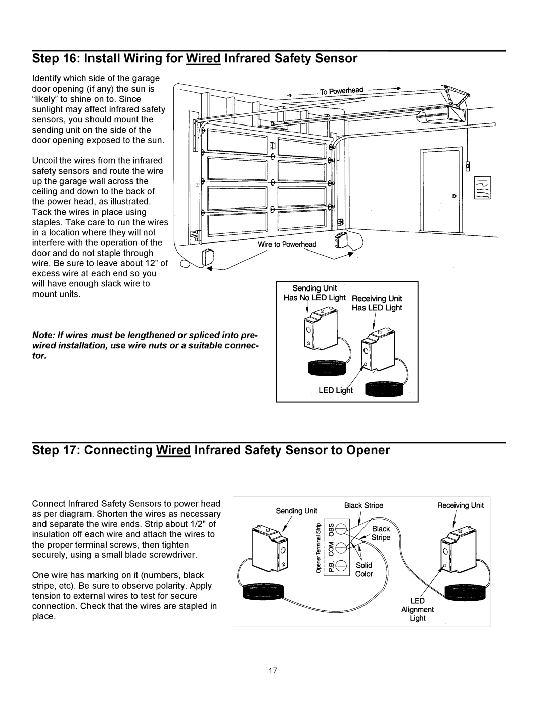 Wayne 3514, 3014, 3018 Install Wiring for Wired Infrared Safety Sensor, Connecting Wired Infrared Safety Sensor to Opener 