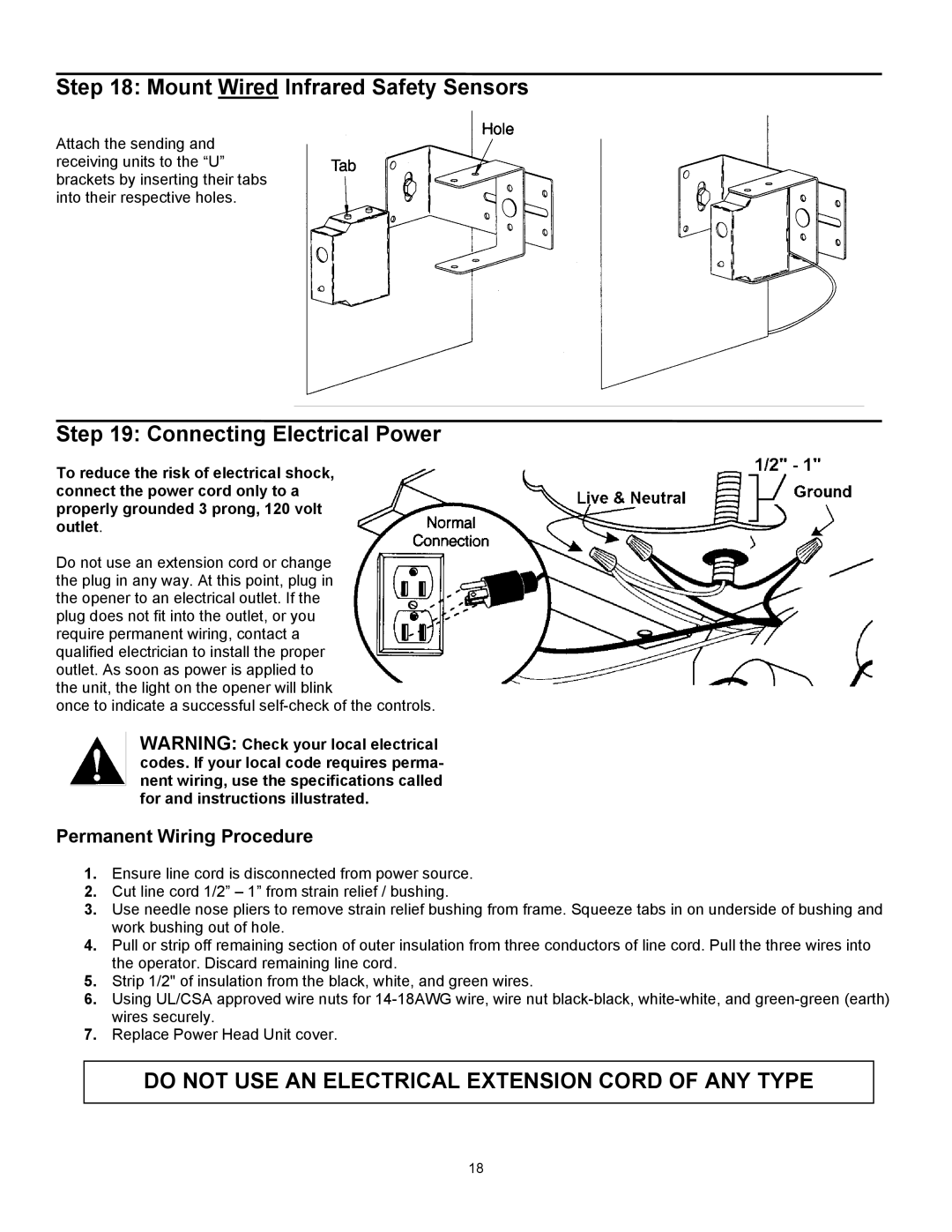 Wayne 3014, 3514, 3018DLX user manual Mount Wired Infrared Safety Sensors, Connecting Electrical Power 