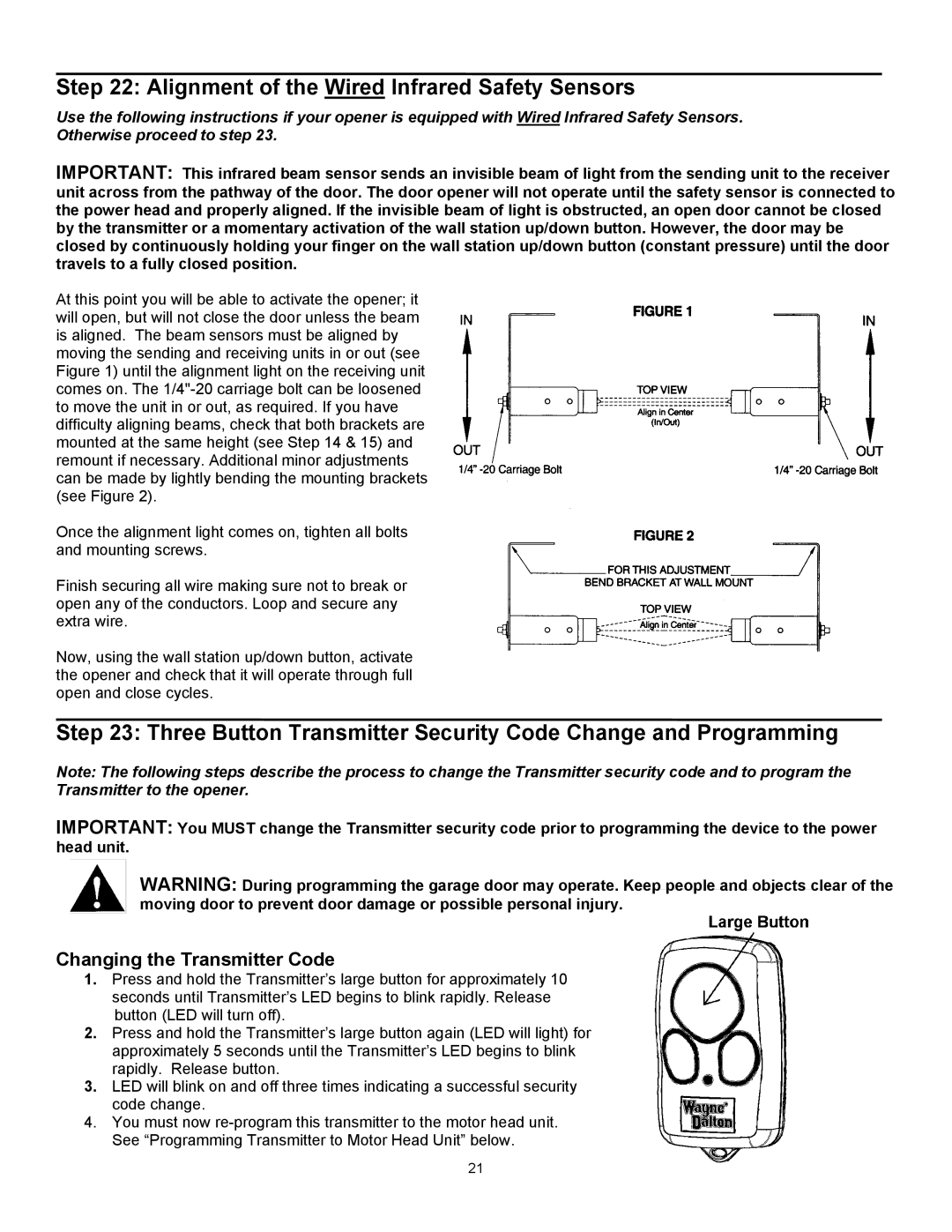 Wayne 3514, 3014, 3018DLX user manual Alignment of the Wired Infrared Safety Sensors, Changing the Transmitter Code 