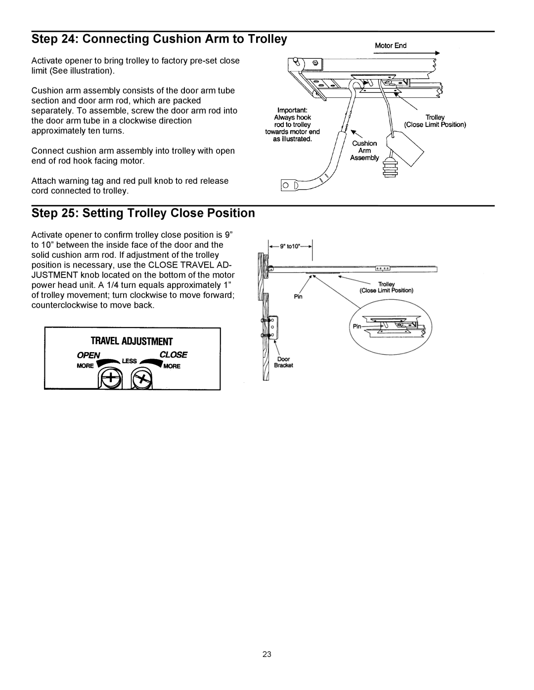 Wayne 3018DLX, 3014, 3514 user manual Connecting Cushion Arm to Trolley, Setting Trolley Close Position 