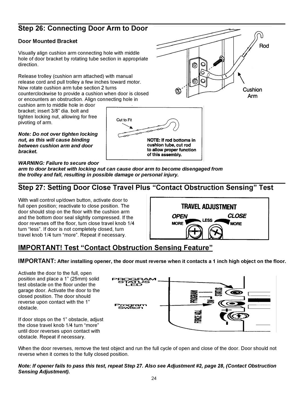 Wayne 3014, 3514, 3018DLX user manual Connecting Door Arm to Door, IMPORTANT! Test Contact Obstruction Sensing Feature 