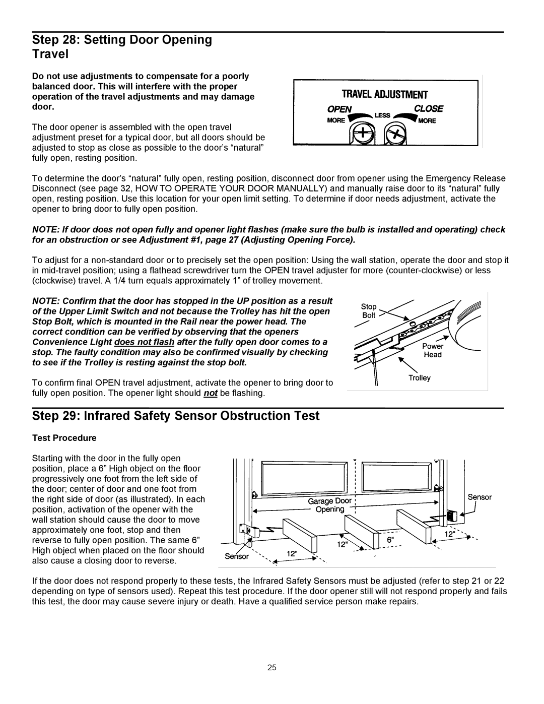 Wayne 3514, 3014, 3018DLX user manual Setting Door Opening Travel, Infrared Safety Sensor Obstruction Test 