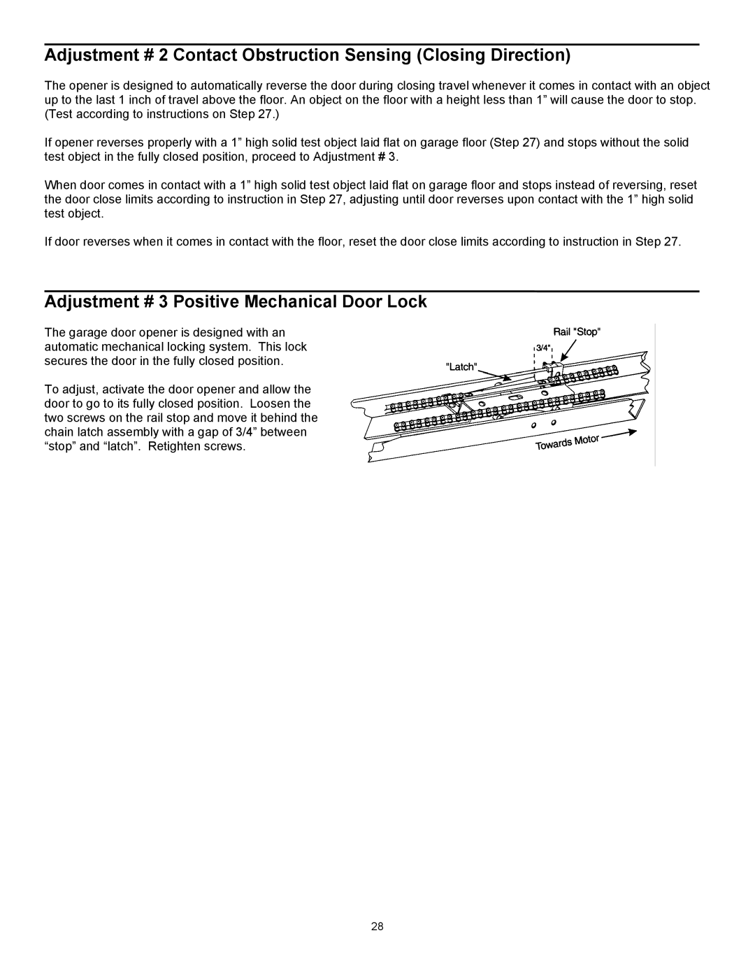 Wayne 3014 Adjustment # 2 Contact Obstruction Sensing Closing Direction, Adjustment # 3 Positive Mechanical Door Lock 