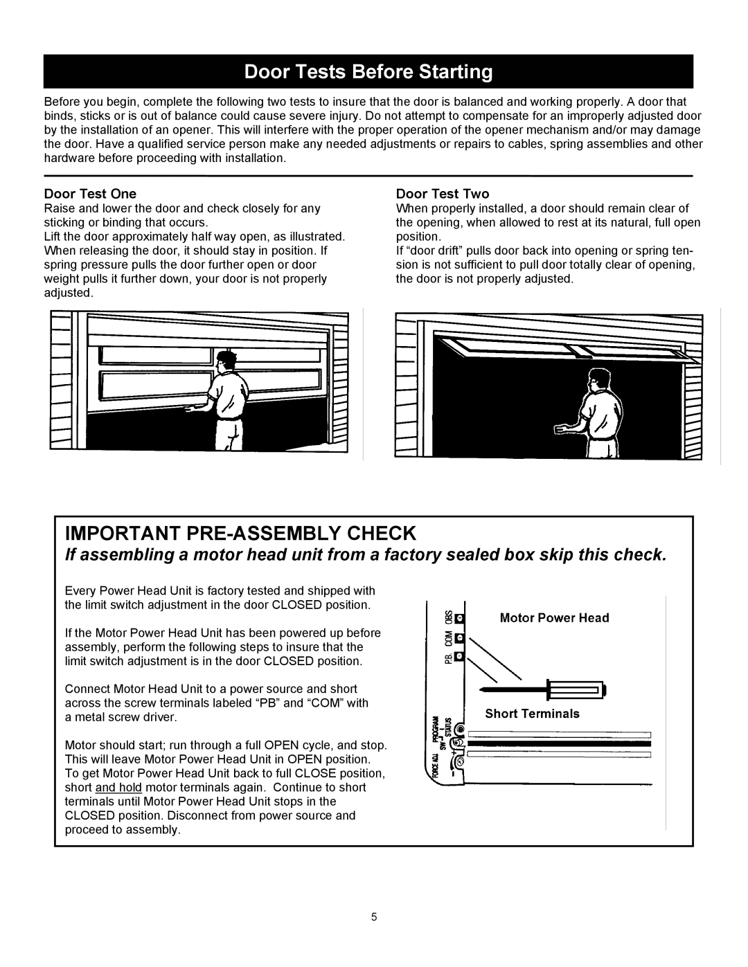 Wayne 3514, 3014, 3018DLX user manual Door Tests Before Starting, Door Test One 