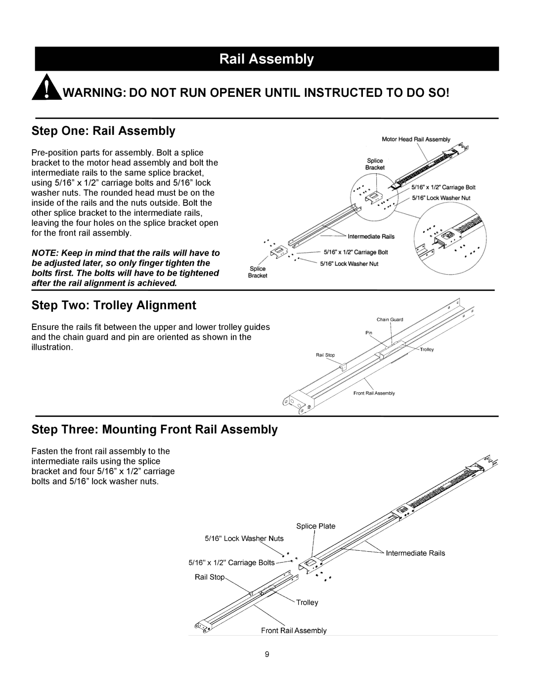 Wayne 3514, 3014, 3018 Step One Rail Assembly, Step Two Trolley Alignment, Step Three Mounting Front Rail Assembly 