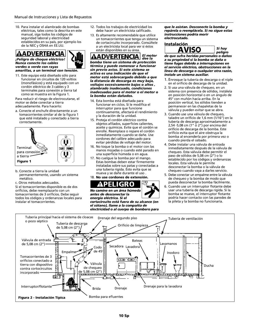 Wayne DSP60, 330600-001, DSP75 specifications Instalación, Manual de Instrucciones y Lista de Repuestos 