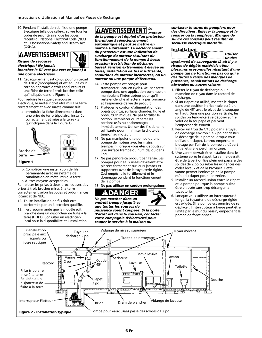 Wayne 330600-001, DSP60, DSP75 Instructions d’Utilisation et Manuel de Pièces de Rechange, Installation typique 