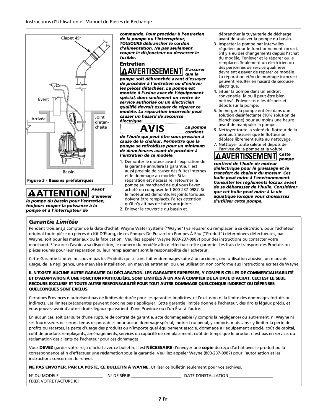 Wayne DSP60, 330600-001, DSP75 specifications Garantie Limitée, Entretien 