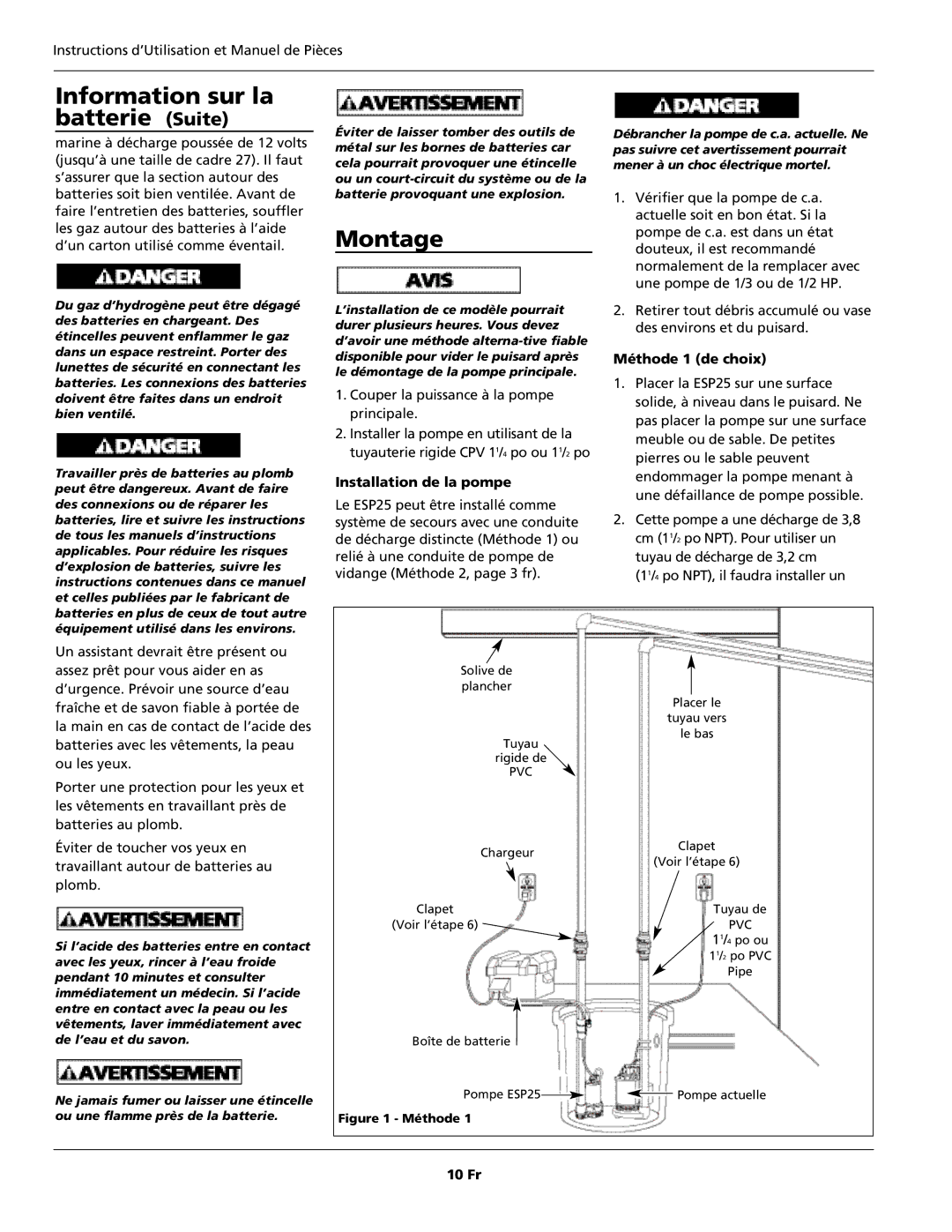 Wayne 352205-001 warranty Information sur la batterie Suite, Montage, Installation de la pompe, Méthode 1 de choix, 10 Fr 