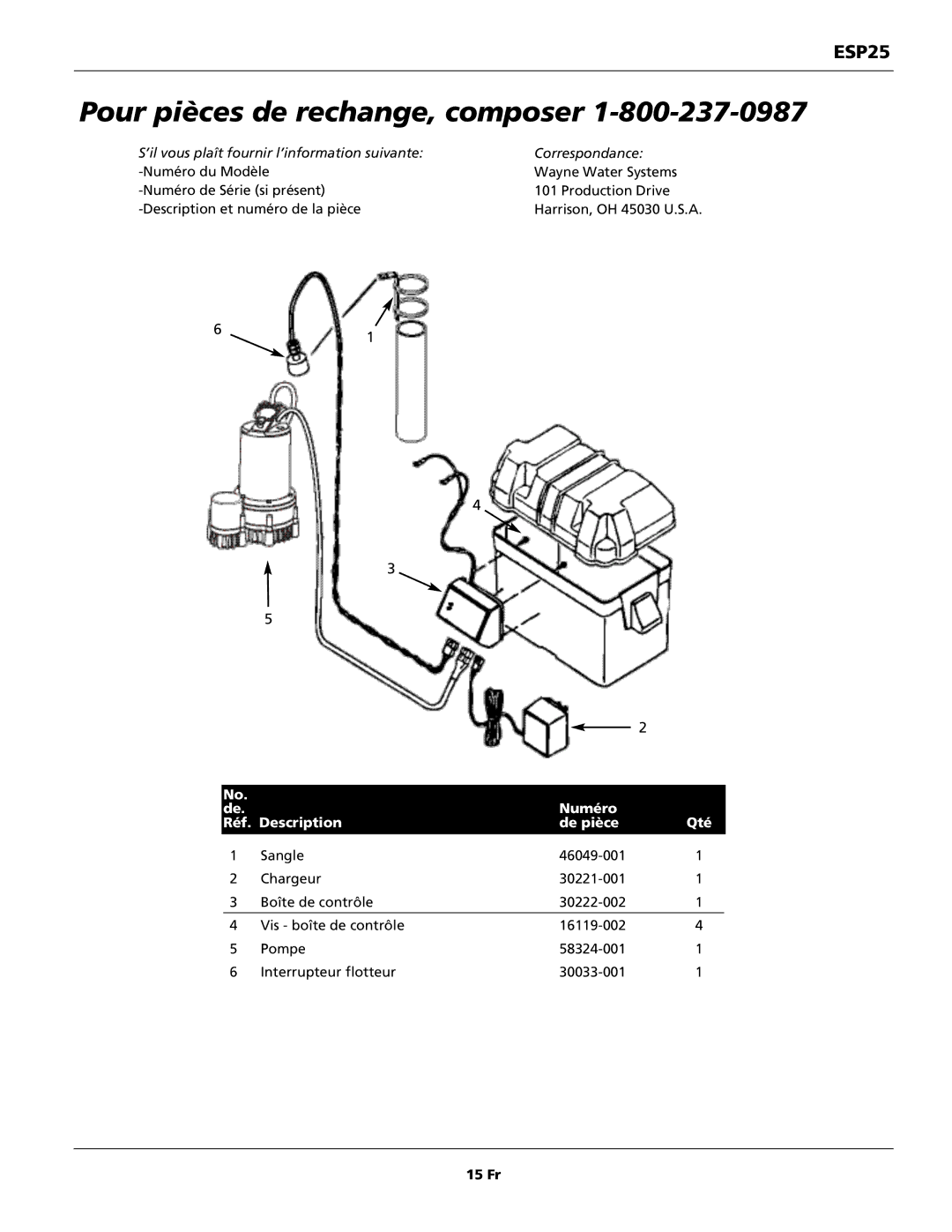 Wayne 352205-001 warranty Numéro Réf. Description De pièce Qté, 15 Fr 