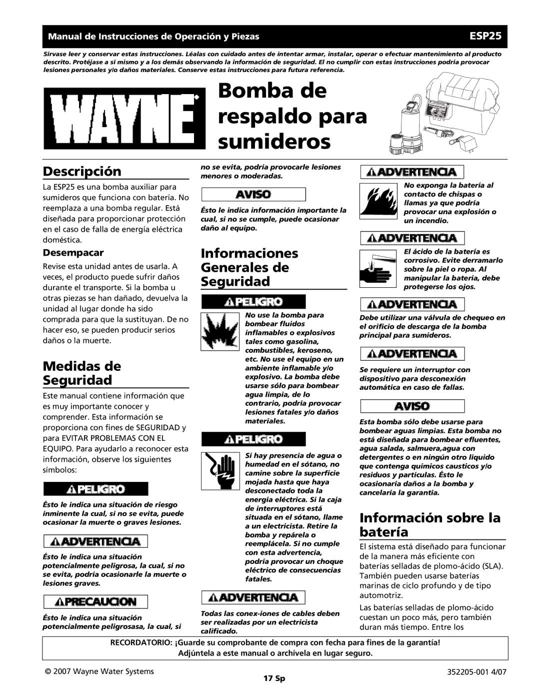 Wayne 352205-001 Descripción, Medidas de Seguridad, Informaciones Generales de Seguridad, Información sobre la batería 