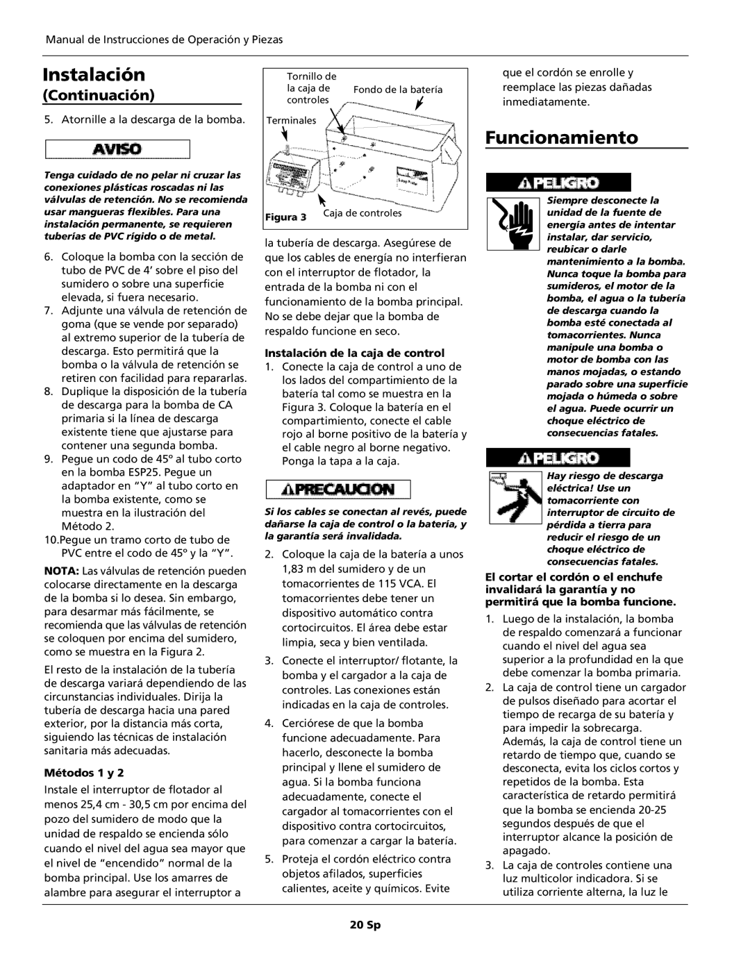 Wayne 352205-001 warranty Funcionamiento, Métodos 1 y, Instalación de la caja de control, 20 Sp 