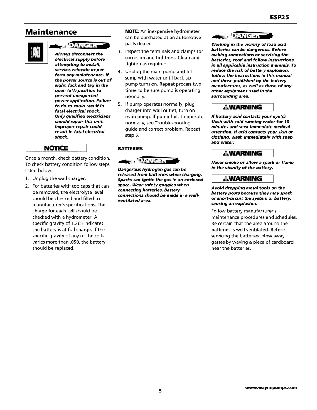 Wayne 352205-001 warranty Maintenance, Batteries 