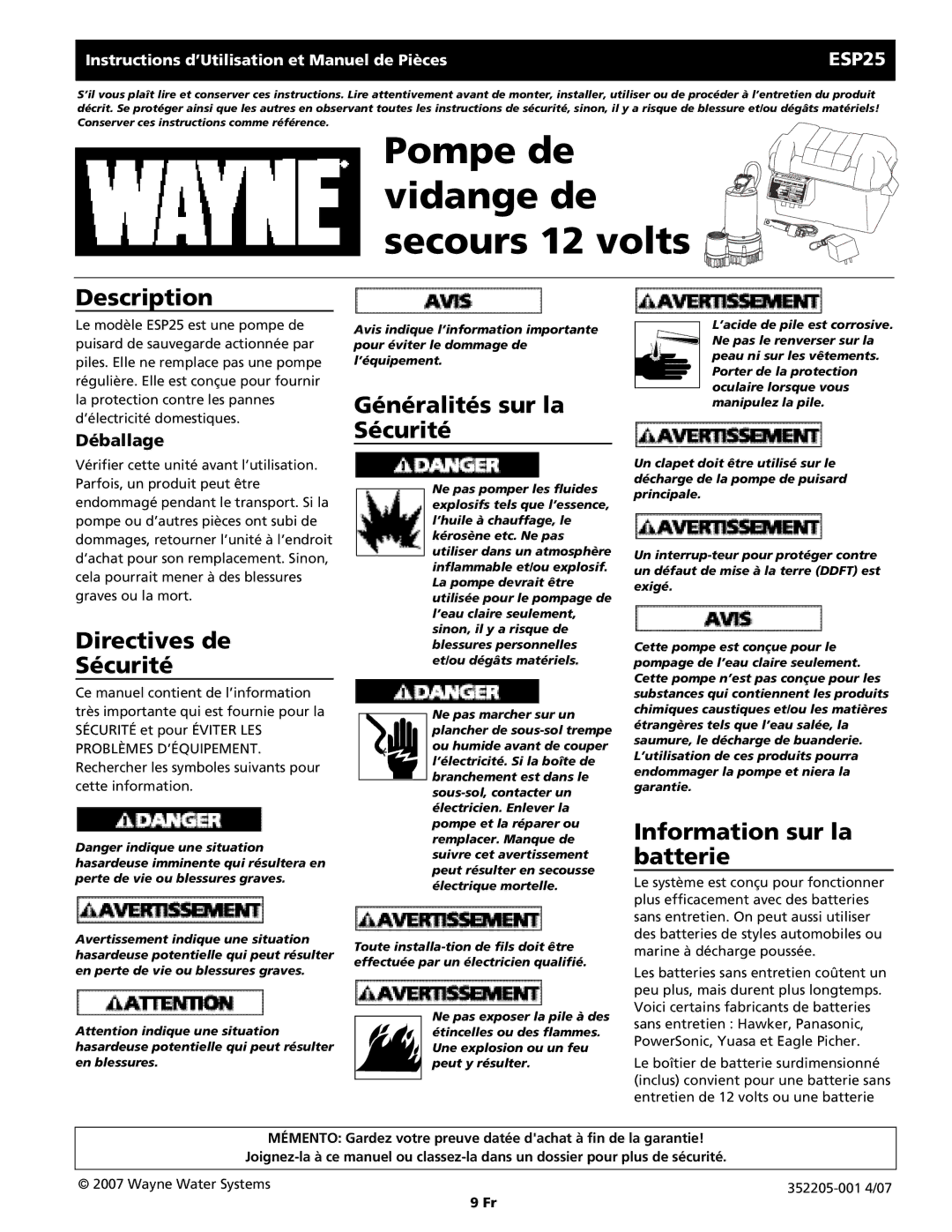 Wayne 352205-001 warranty Directives de Sécurité, Généralités sur la Sécurité, Information sur la batterie, Déballage 