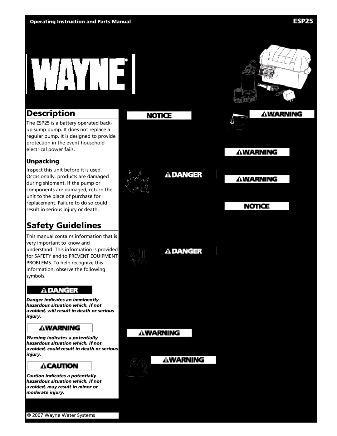 Wayne 352205-001 warranty Description, Safety Guidelines, General Safety Information, Battery Information, ESP25 