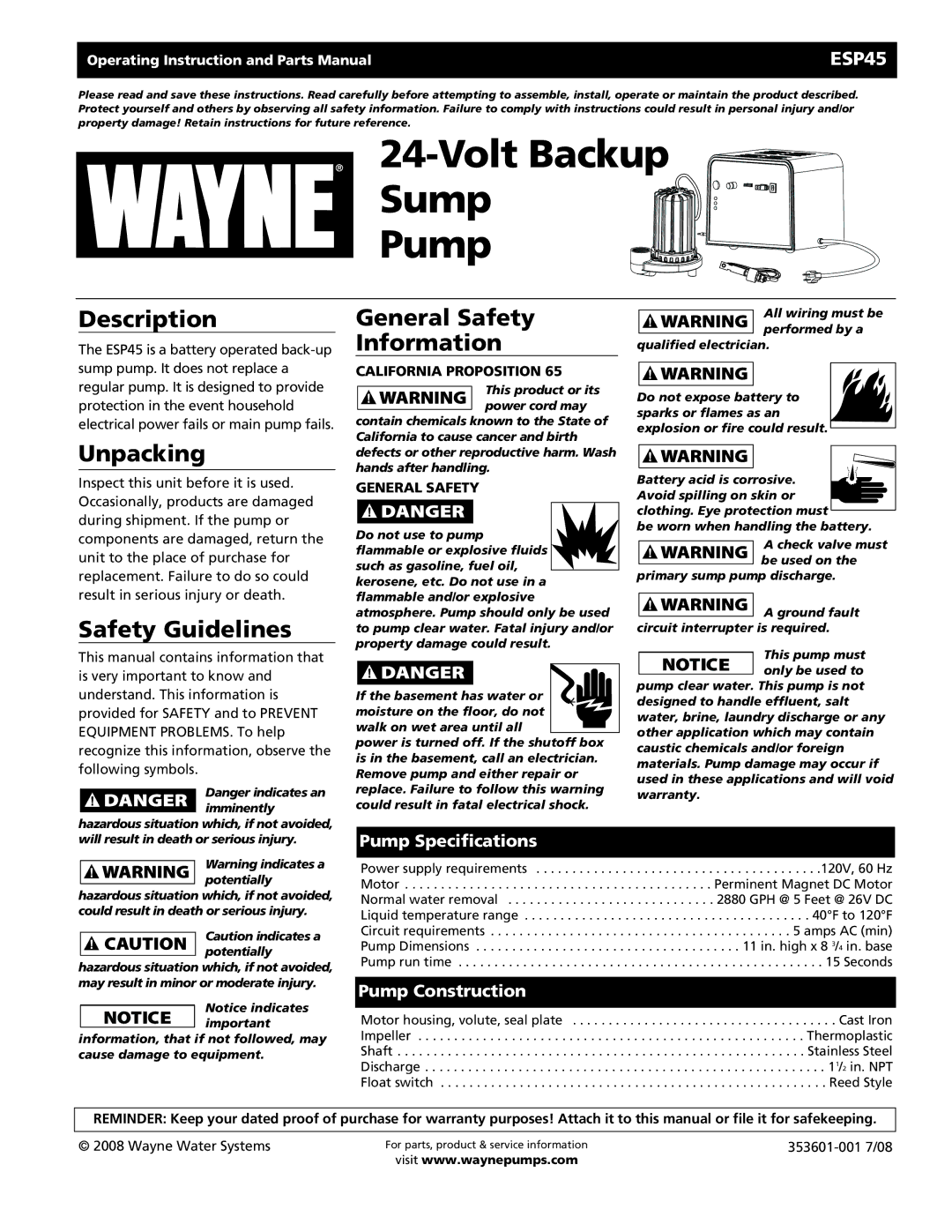 Wayne 353601-001 specifications Description, Unpacking, Safety Guidelines, General Safety Information 