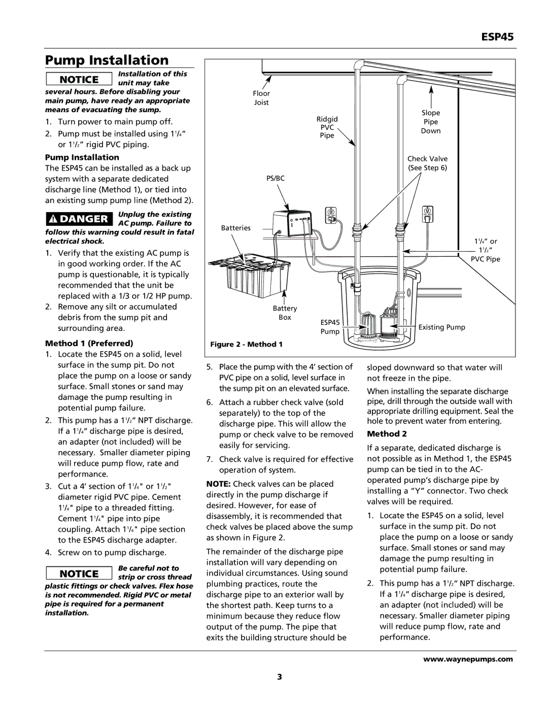 Wayne 353601-001 specifications Pump Installation, Method 1 Preferred 