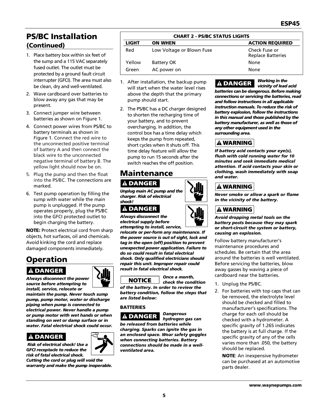 Wayne 353601-001 specifications Maintenance, Operation, Chart 2 PS/BC Status Lights On When Action Required, Batteries 