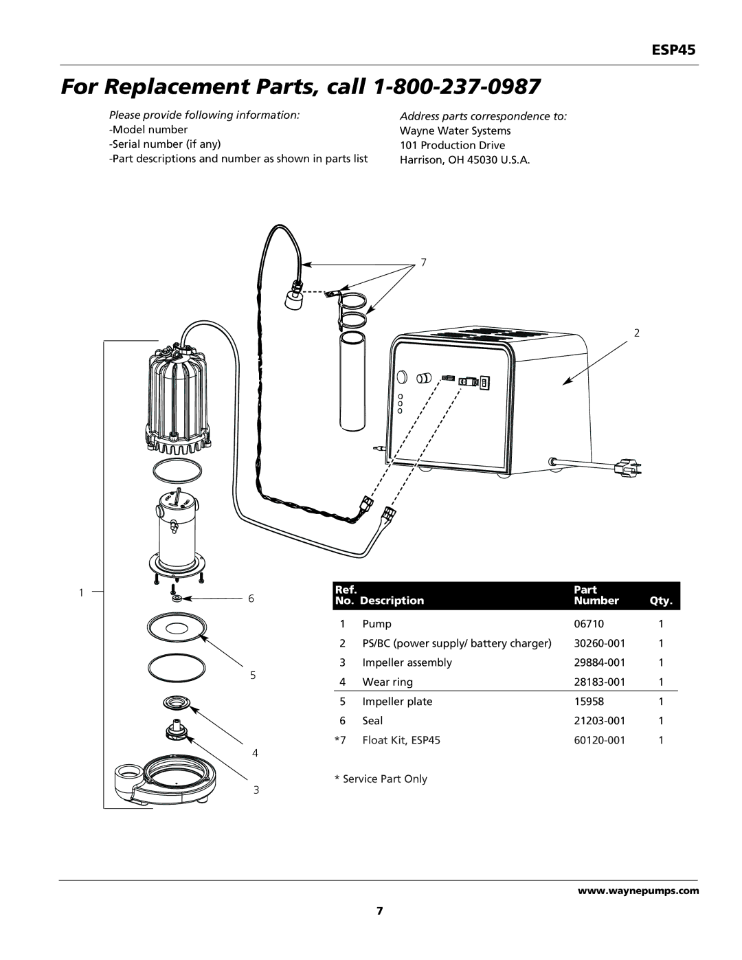 Wayne 353601-001 specifications For Replacement Parts, call, Part No. Description Number Qty 