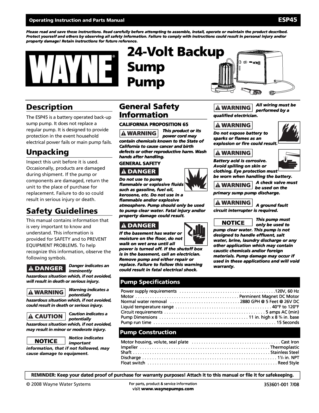 Wayne 353601-001 specifications Description, Unpacking, Safety Guidelines, General Safety Information, ESP45 