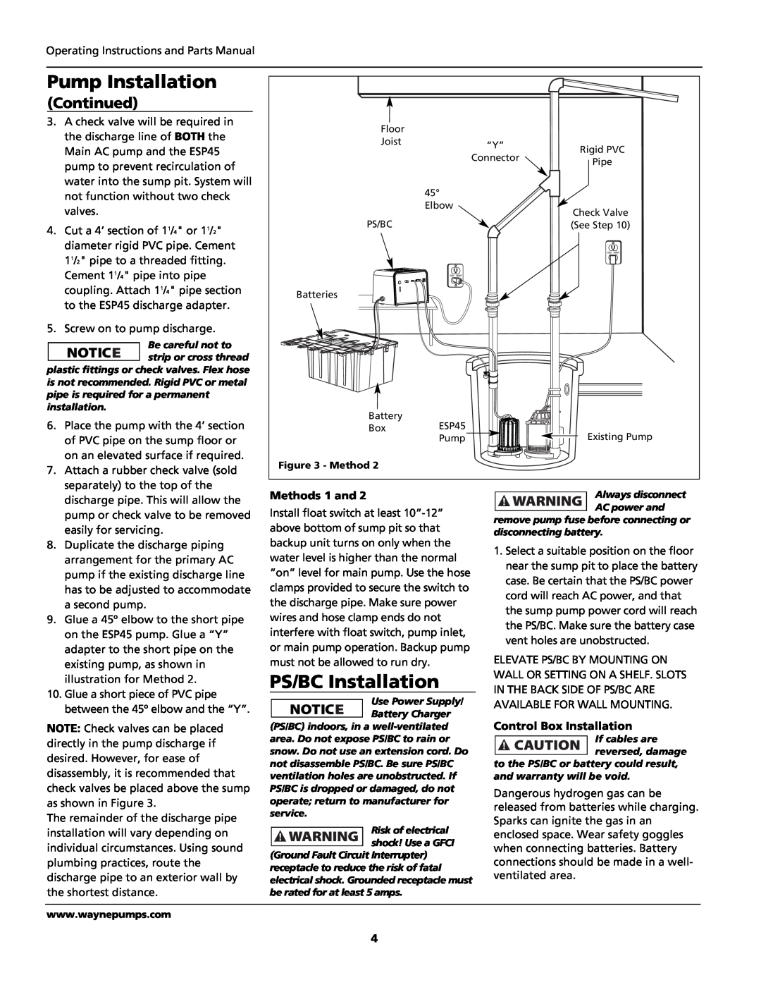Wayne 353601-001 specifications PS/BC Installation, Continued, Methods 1 and, Control Box Installation, Pump Installation 
