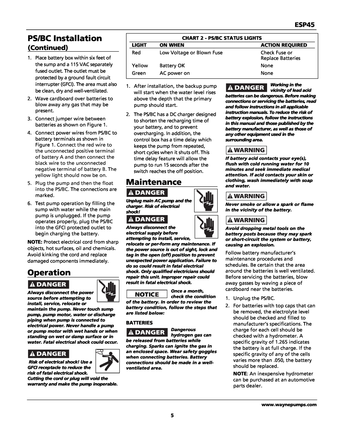Wayne 353601-001 Maintenance, Operation, ESP45, CHART 2 - PS/BC STATUS LIGHTS, Light, On When, Action Required, Batteries 