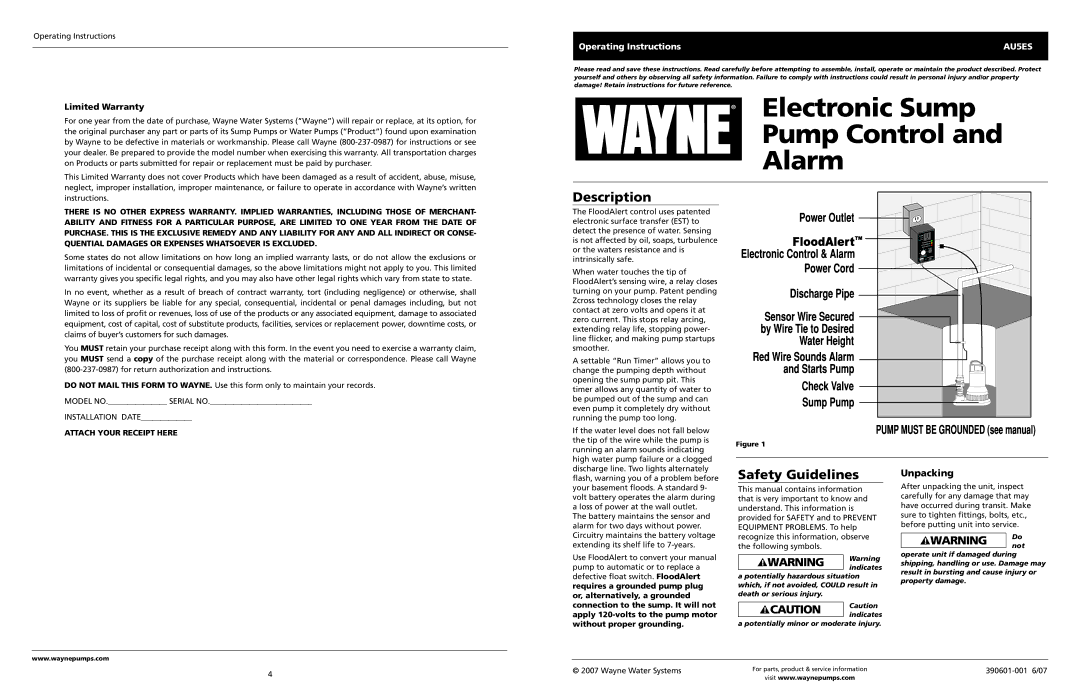 Wayne AU5ES, 390601-001 warranty Description, Safety Guidelines 