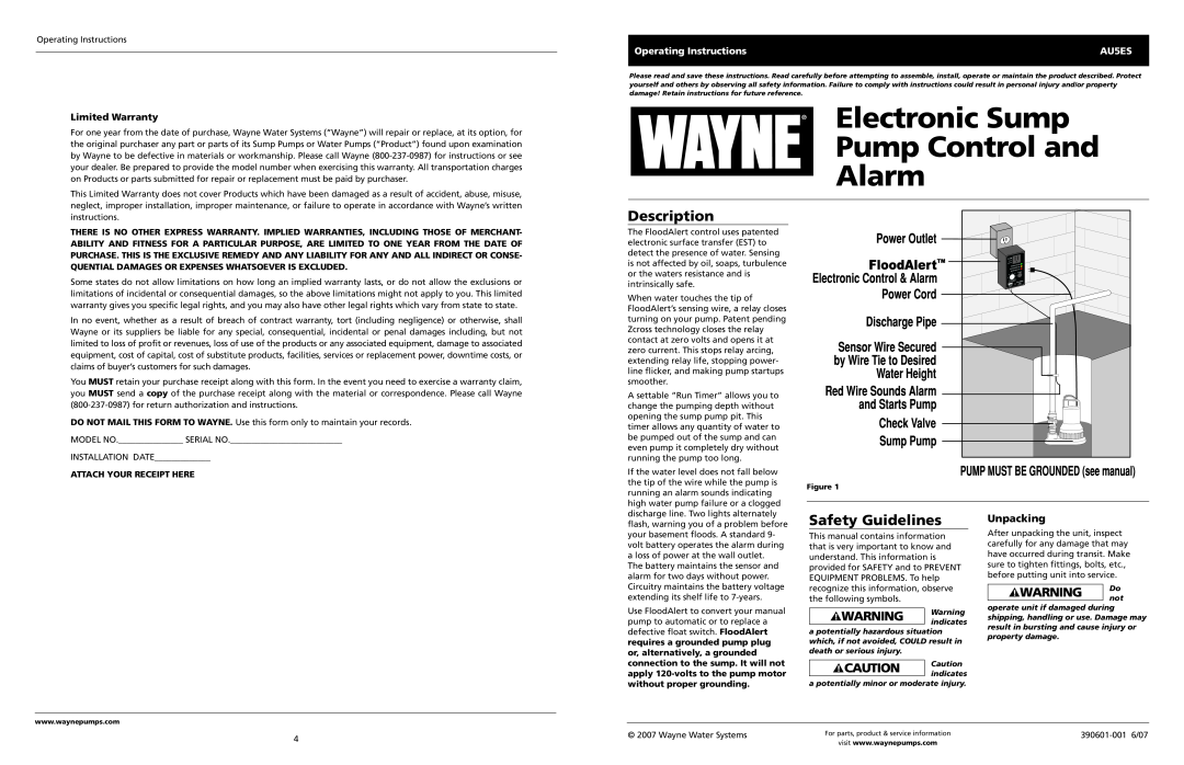 Wayne AU5ES, 390601-001 warranty Description, Safety Guidelines, Unpacking, Limited Warranty, Attach Your Receipt Here 