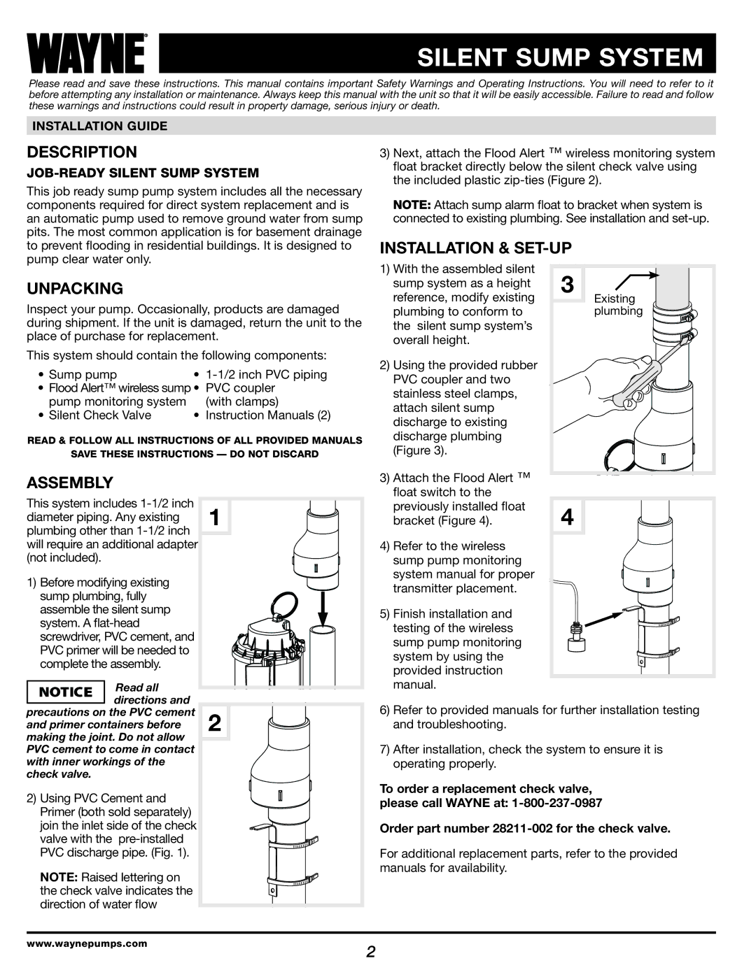 Wayne 550100-001 manual Silent Sump System, Description, Unpacking, Installation & SET-UP, Assembly 