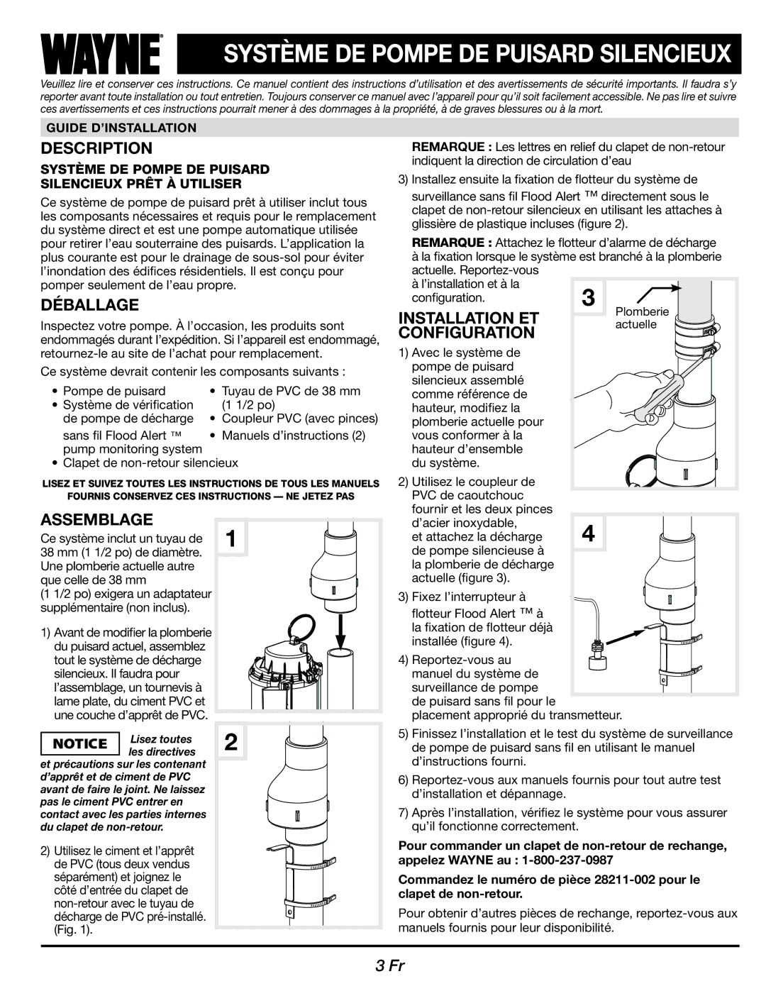 Wayne 550100-001 manual Déballage, Assemblage, Installation ET, Configuration 