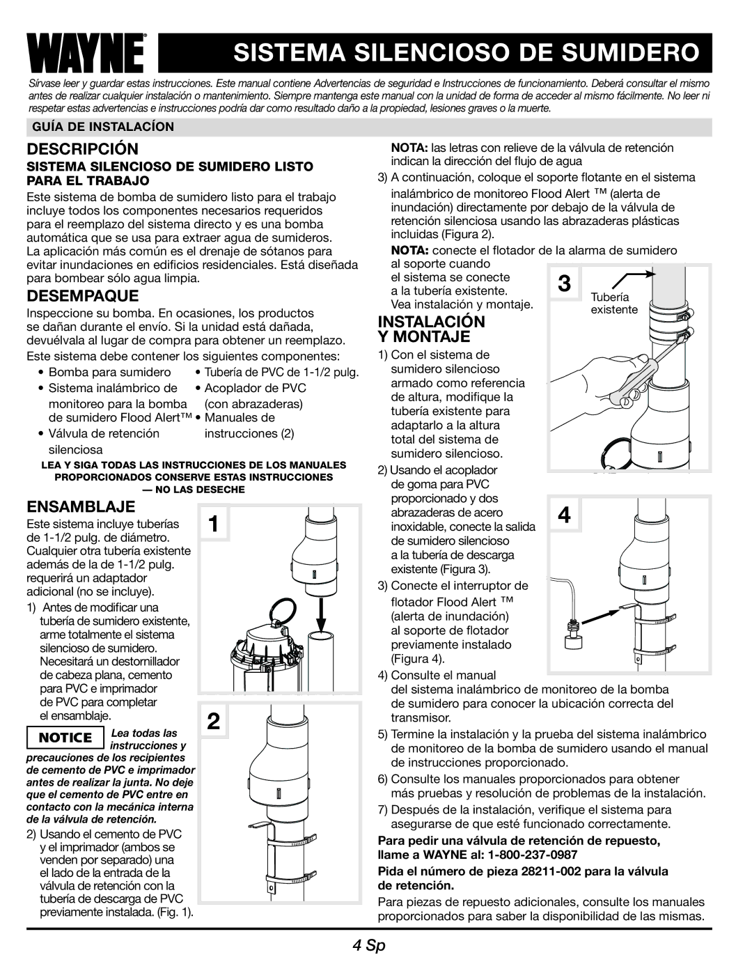 Wayne 550100-001 manual Sistema Silencioso DE Sumidero, Descripción, Desempaque, Ensamblaje, Instalación Montaje 