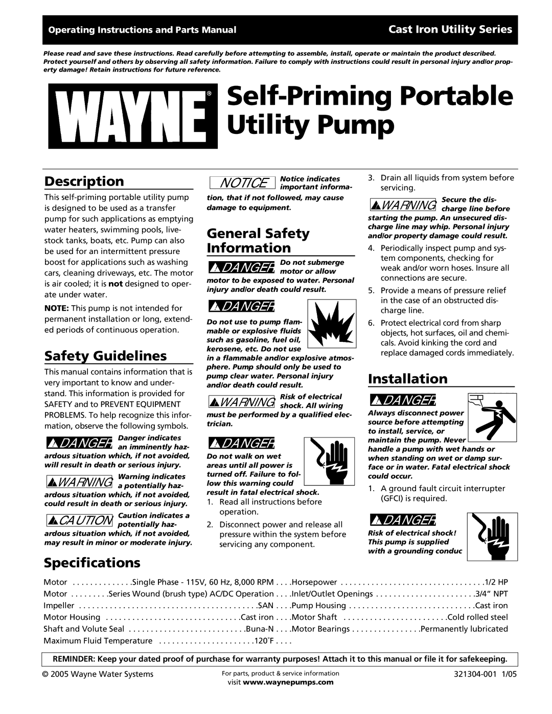 Wayne 321304-001 specifications Description, Safety Guidelines, Specifications, General Safety Information, Installation 