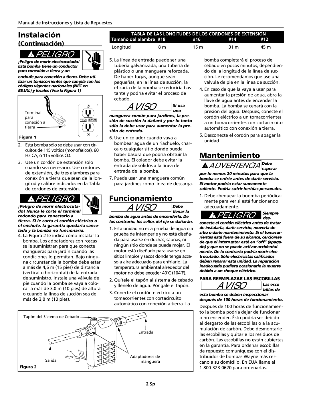 Wayne Cast Iron Utility Series Funcionamiento, Mantenimiento, Tabla DE LAS Longitudes DE LOS Cordones DE Extensión 