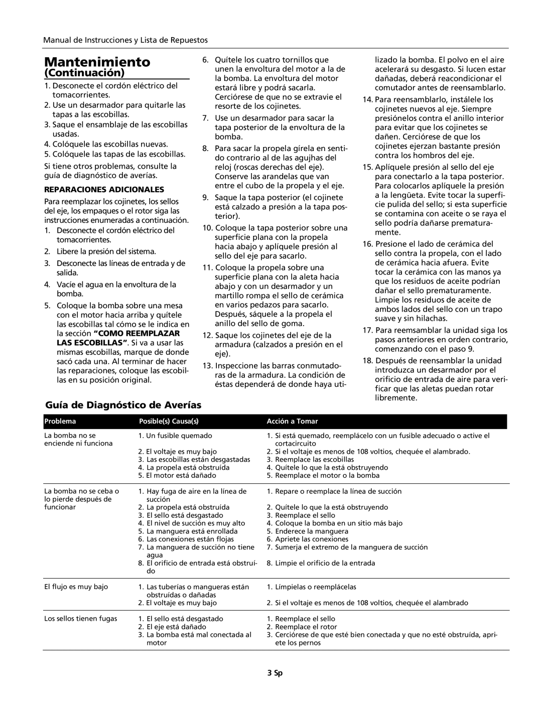 Wayne 321304-001, Cast Iron Utility Series specifications Guía de Diagnóstico de Averías, Reparaciones Adicionales 