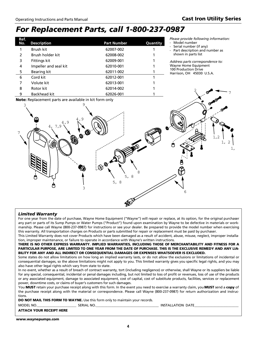 Wayne Cast Iron Utility Series, 321304-001 specifications For Replacement Parts, call, Description Part Number Quantity 