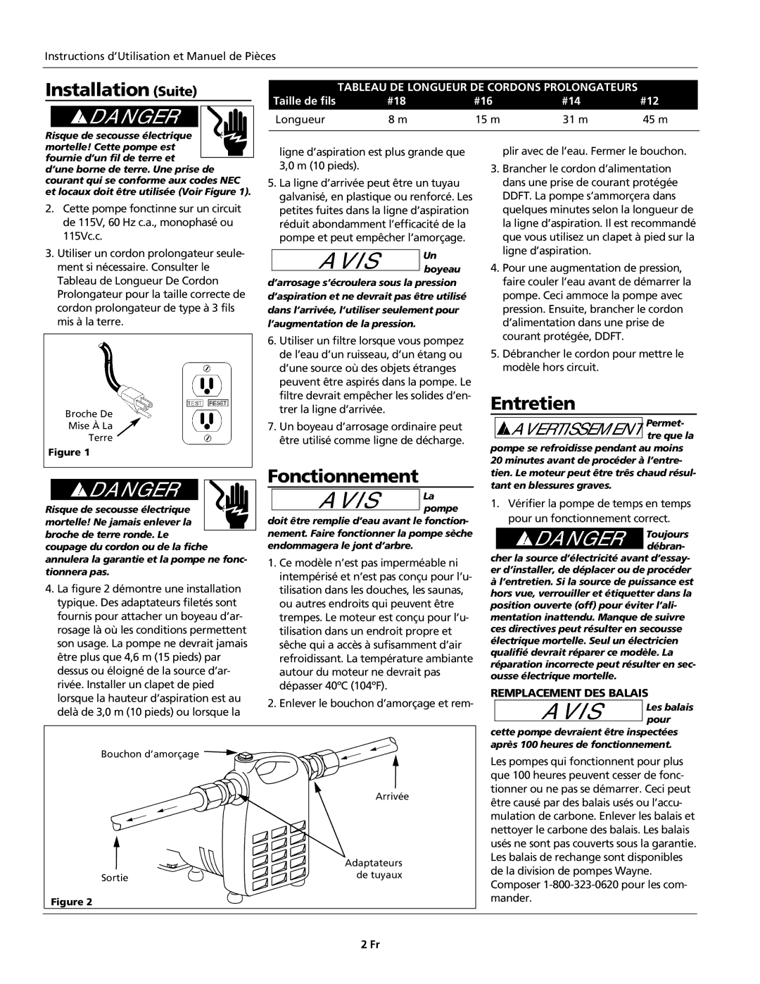 Wayne Cast Iron Utility Series Installation Suite, Entretien, Fonctionnement, Tableau DE Longueur DE Cordons Prolongateurs 