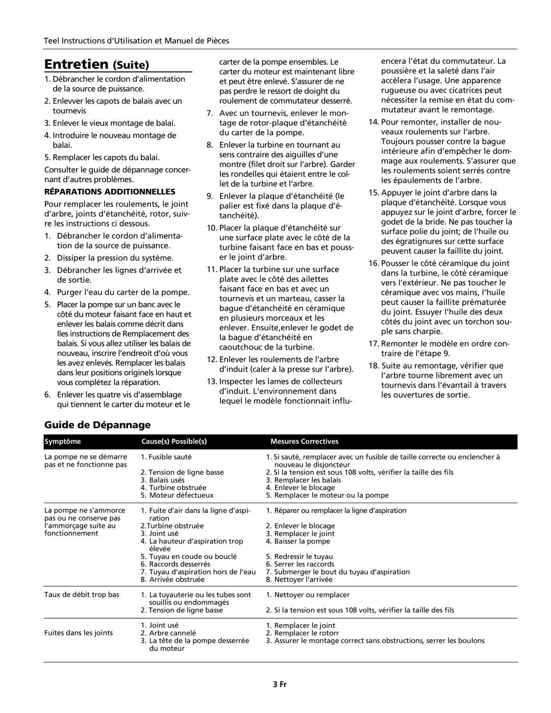 Wayne 321304-001 specifications Entretien Suite, Guide de Dépannage, Teel Instructions d’Utilisation et Manuel de Pièces 