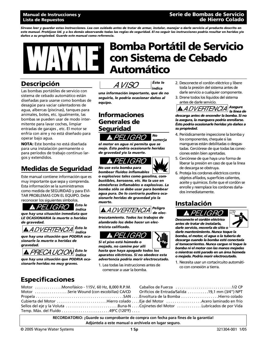 Wayne 321304-001 Descripción, Medidas de Seguridad, Informaciones Generales de Seguridad, Instalación, Especificaciones 