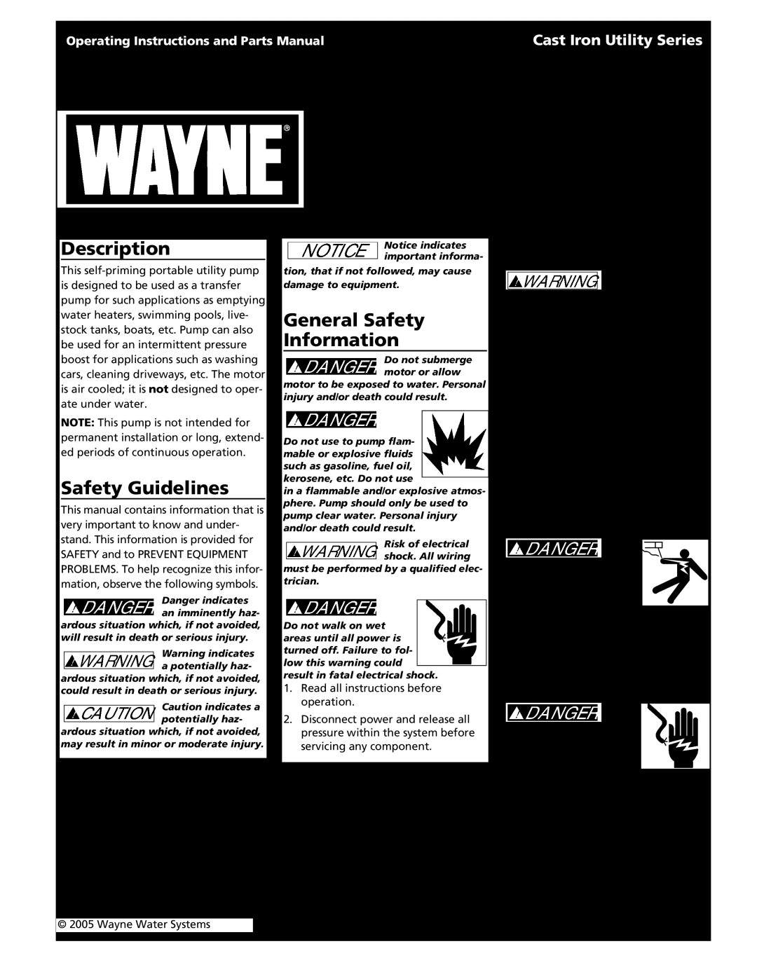 Wayne 321304-001 specifications Description, Safety Guidelines, Specifications, General Safety Information, Installation 