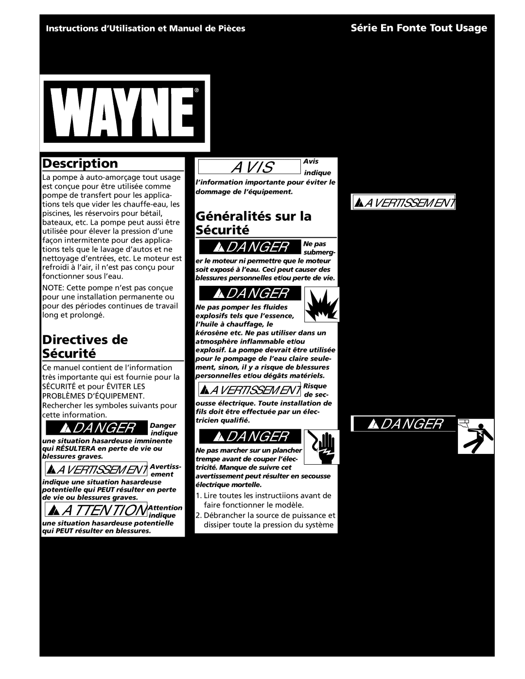 Wayne 321304-001 Directives de Sécurité, Généralités sur la Sécurité, Spécifications, Série En Fonte Tout Usage, 1 Fr 