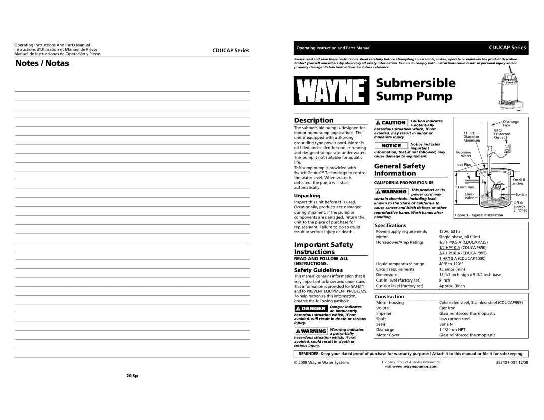 Wayne CDUCAP Series important safety instructions Submersible Sump Pump, Description, General Safety Information 