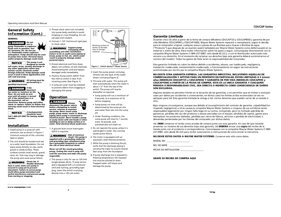 Wayne CDUCAP Series important safety instructions Installation, Operation, Cducap Series, General 