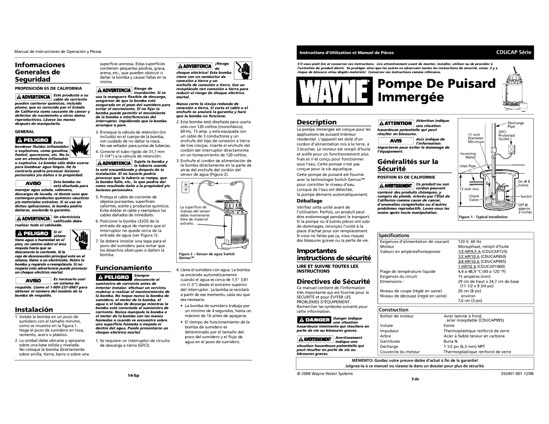 Wayne CDUCAP Series Pompe De Puisard Immergée, Informaciones Generales de Seguridad, Généralités sur la Sécurité 