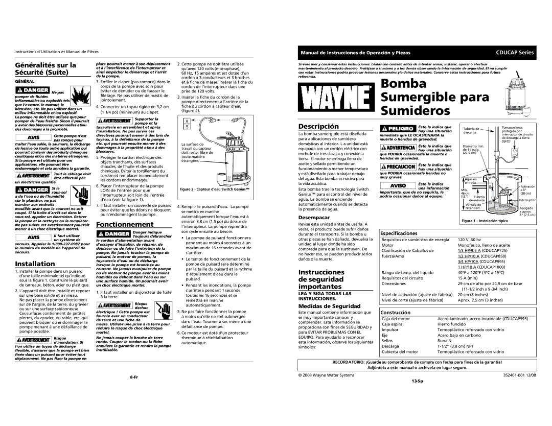 Wayne CDUCAP Series Bomba Sumergible para Sumideros, Généralités sur la Sécurité Suite, Descripción, Fonctionnement 