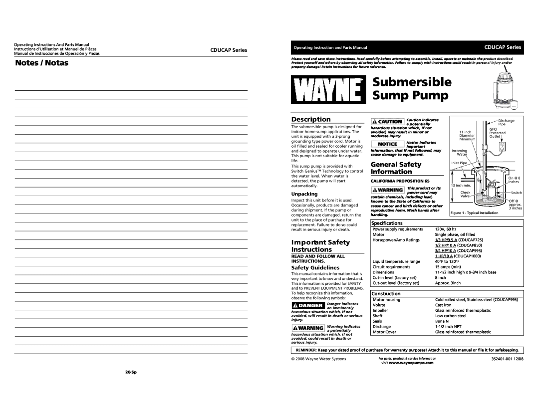 Wayne CDUCAP Series important safety instructions Submersible Sump Pump, Notes / Notas, Description, Unpacking, 20-Sp 
