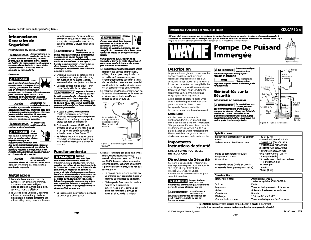 Wayne CDUCAP Series Pompe De Puisard Immergée, Informaciones Generales de Seguridad, Généralités sur la Sécurité, 14-Sp 
