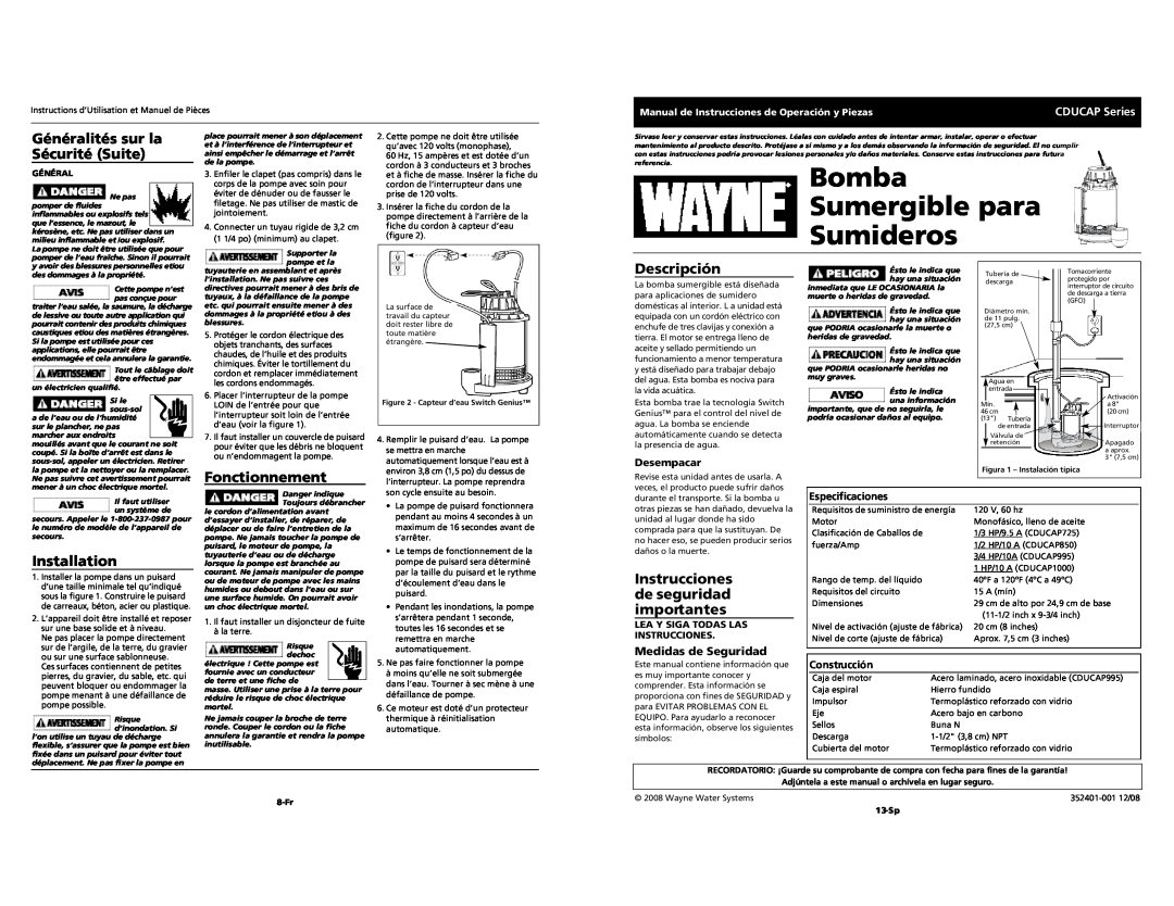 Wayne CDUCAP Series Bomba Sumergible para Sumideros, Généralités sur la Sécurité Suite, Descripción, Fonctionnement, F r 
