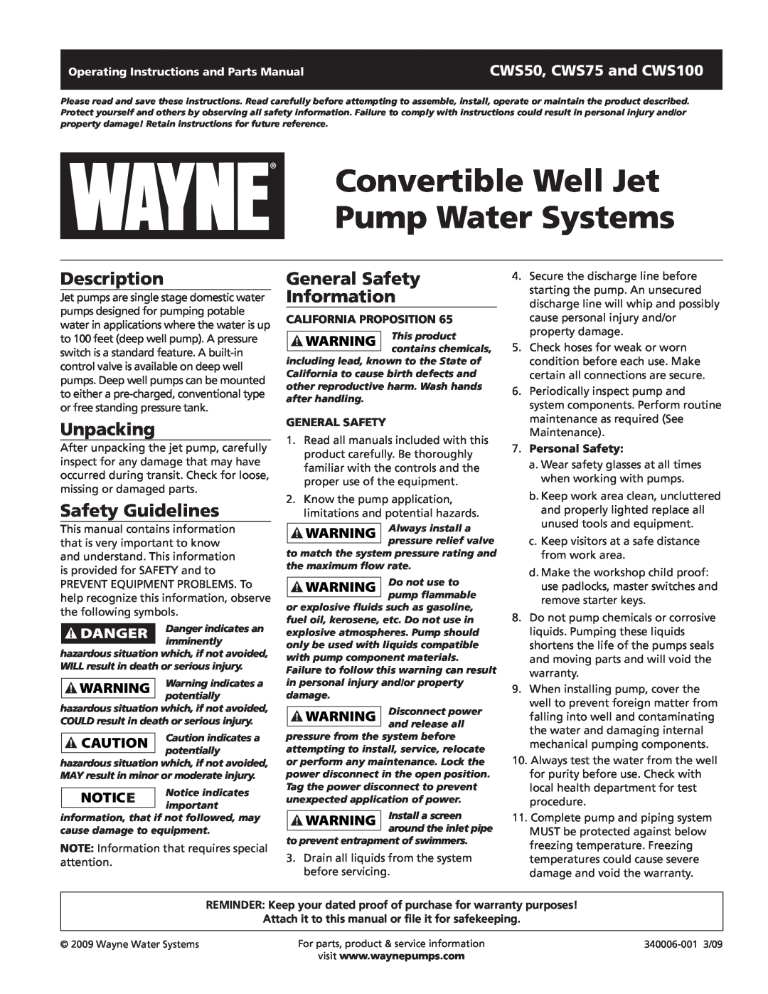 Wayne CWS75 warranty Convertible Well Jet Pump Water Systems, Description, Unpacking, Safety Guidelines, General Safety 