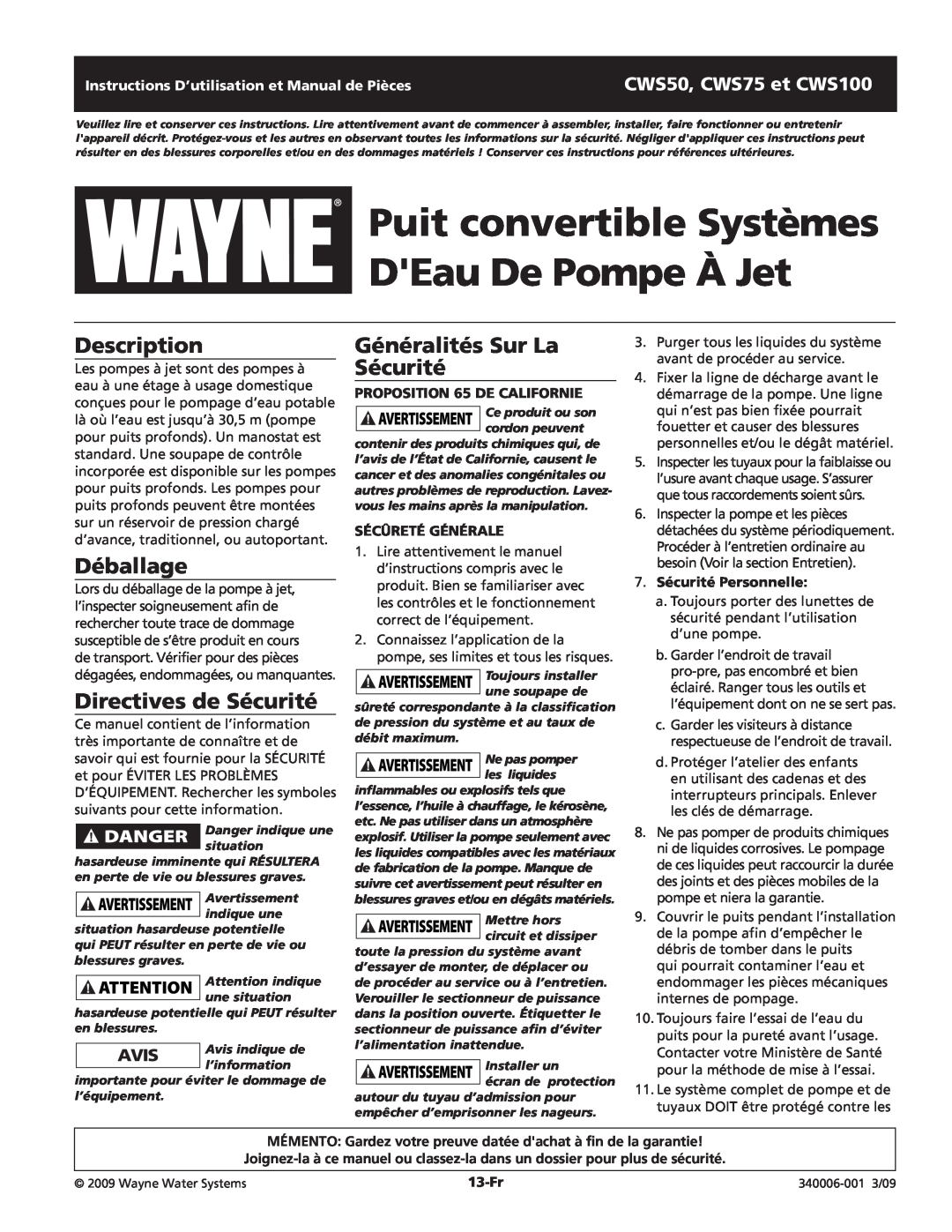 Wayne CWS75 Puit convertible Systèmes DEau De Pompe À Jet, Déballage, Directives de Sécurité, Généralités Sur La Sécurité 